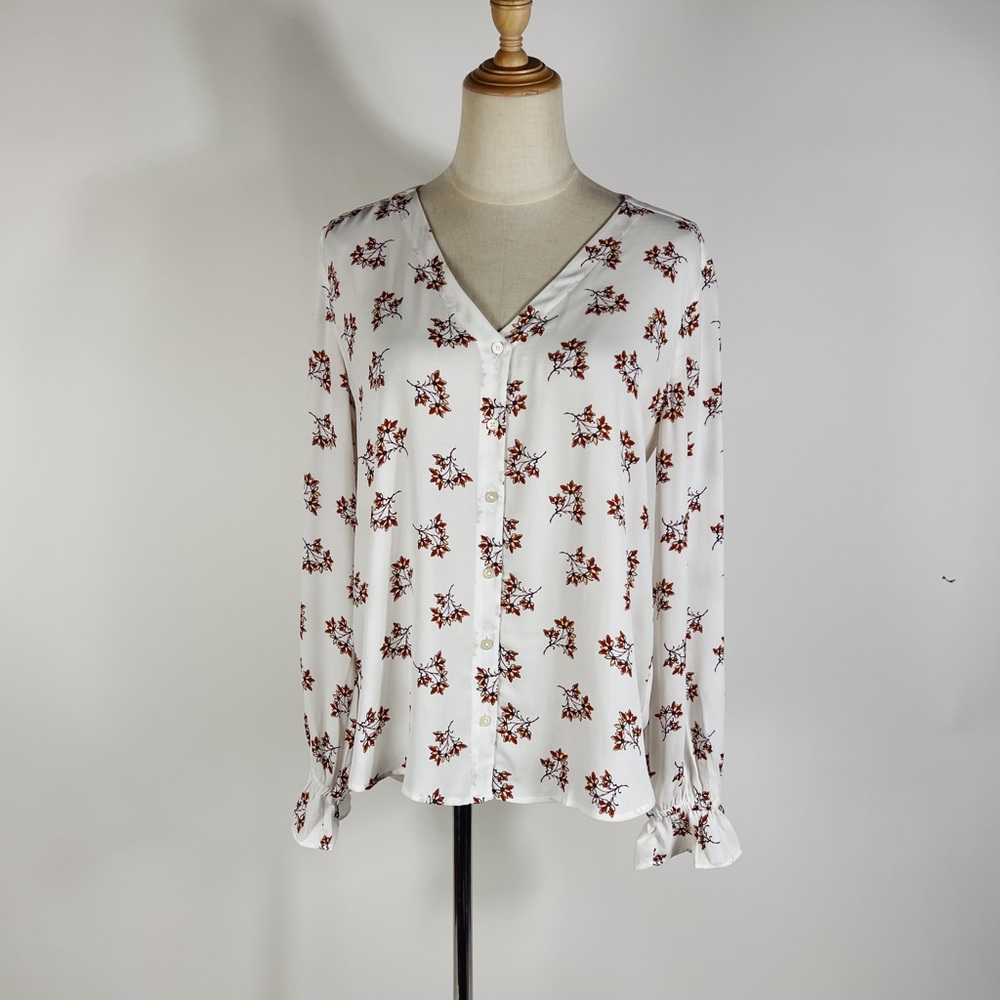 LOFT Floral Lightweight White and Maroon Button Front V-Neck Blouse Medium